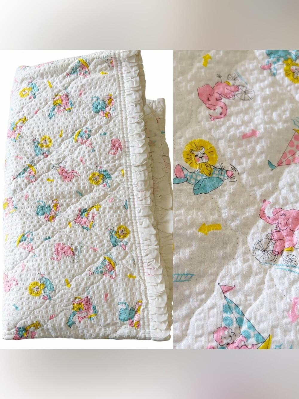 Vintage Jack Turk & Co. Kozee Komfort Quilted Baby Crib Blanket Circus Animals